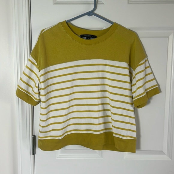 ANDREW MARC NEW YORK Yellow Mixed Stripe Oversized Sweatshirt Short Sleeve Med - Picture 1 of 7